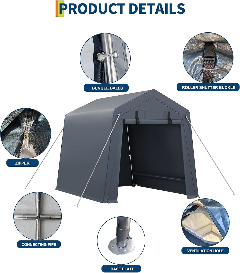 GarveeLife 6x6 ft Portable Outdoor Storage Shed with Roll-Up Zipper Door & Vent, 240G Heavy-Duty Shelter Waterproof PE Tarp, UV-Resistant Carport for Motorcycle, Firewood, Tools -Gray