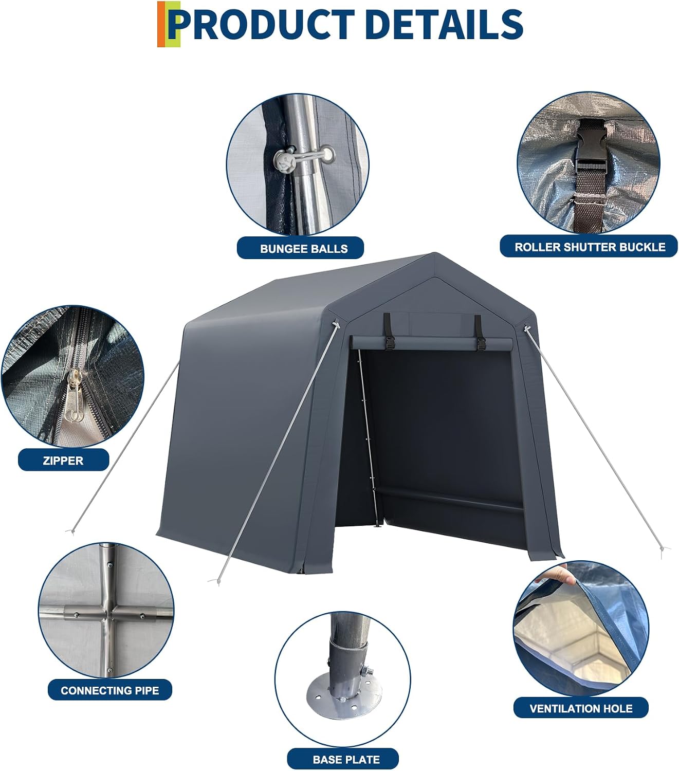 GarveeLife 6x6 ft Portable Outdoor Storage Shed with Roll-Up Zipper Door & Vent, 240G Heavy-Duty Shelter Waterproof PE Tarp, UV-Resistant Carport for Motorcycle, Firewood, Tools -Gray