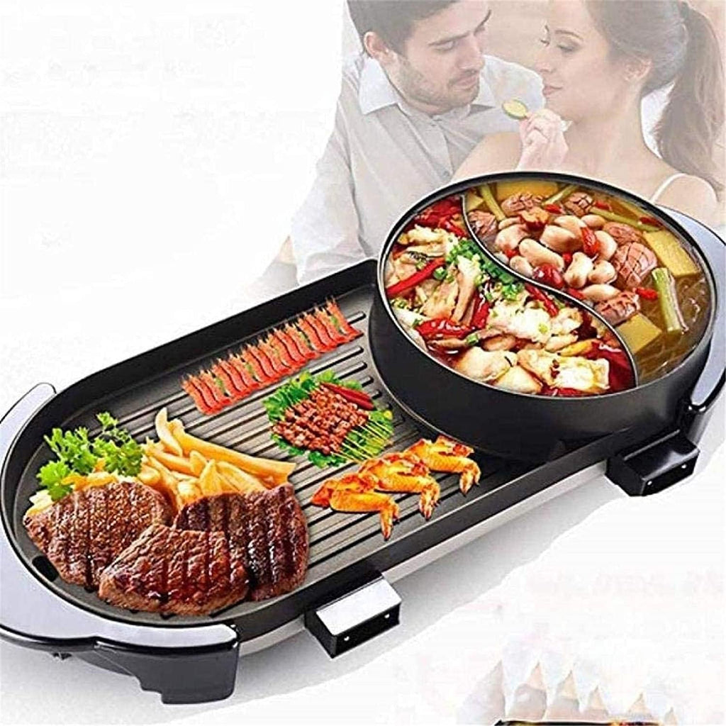 Electric BBQ Grill Indoor Cookware BBQ Electric Grill Pan with Hot Pot 2 in 1 Indoor/Outdoor 1700 Watts Electric Oven/Teppanyaki Electric Grill/Hot Pot BBQ Griddle Camping,Portable Nonstick G