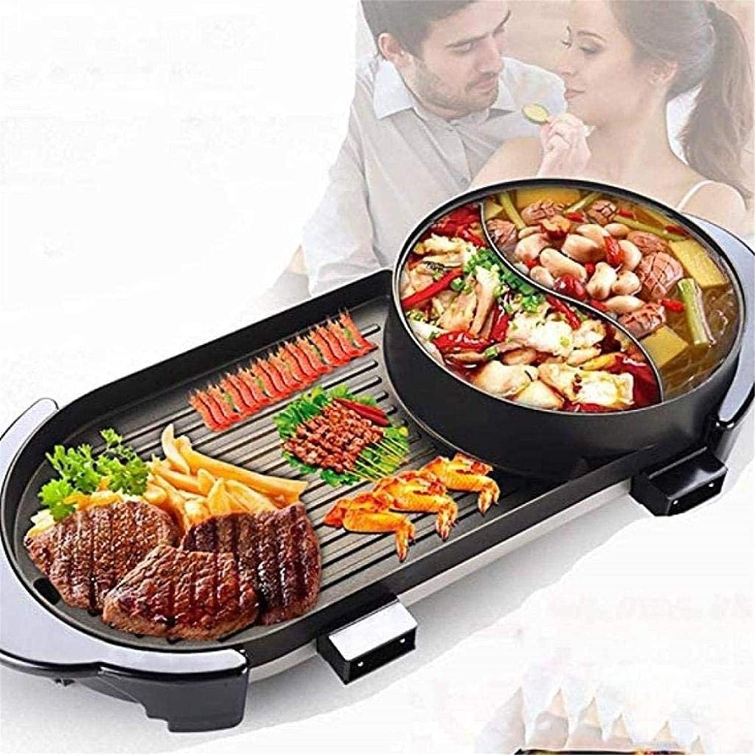 Electric BBQ Grill Indoor Cookware BBQ Electric Grill Pan with Hot Pot 2 in 1 Indoor/Outdoor 1700 Watts Electric Oven/Teppanyaki Electric Grill/Hot Pot BBQ Griddle Camping,Portable Nonstick G