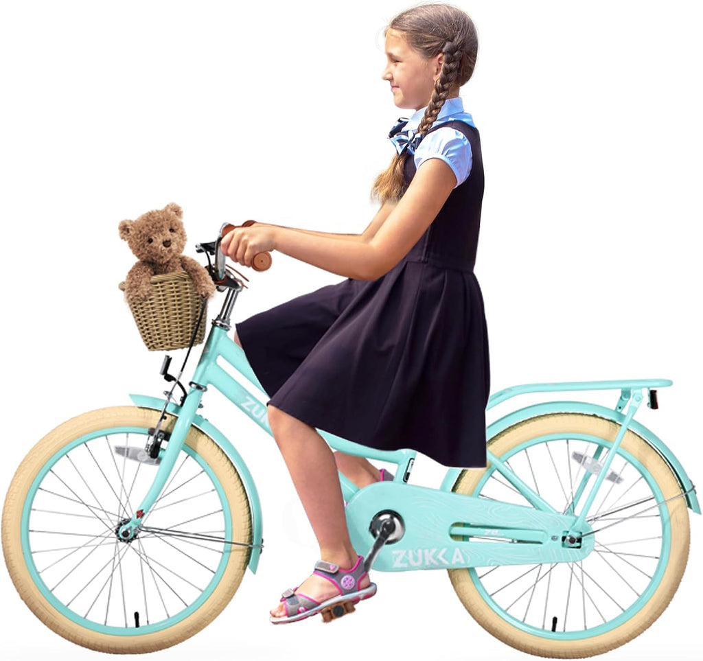 20'/24' Inch Girls Cruiser Bike 1-Speed Hybrid City Bicycle for Youth 7-10+ Years Old with Wicker Basket & Rear Rack，Kids Cycle Bikes，Hand&Pedal Brake，Steel Frame，Multiple Colors
