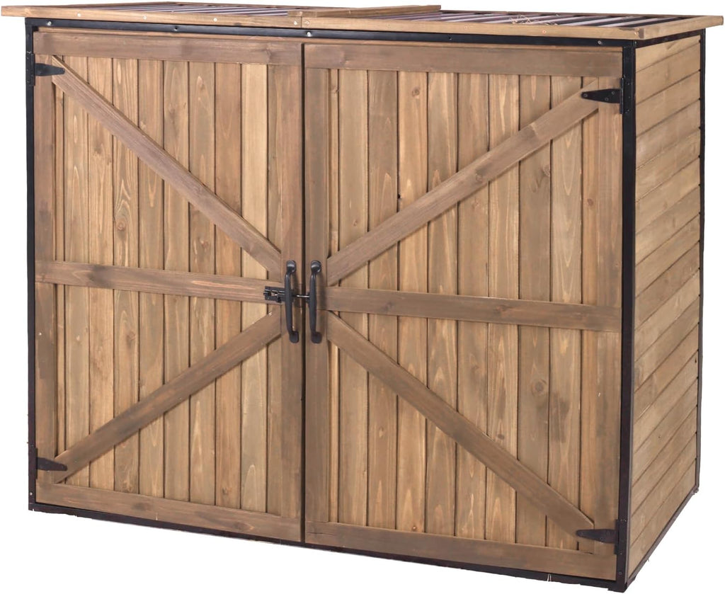 Outdoor Storage Shed with Strong Metal Frame, Wooden Garden Sheds with Adjustable Shelves and Removable Floor, Weatherproof Outdoor Trash Can Shed, Horizontal Storage Cabinet for Patio