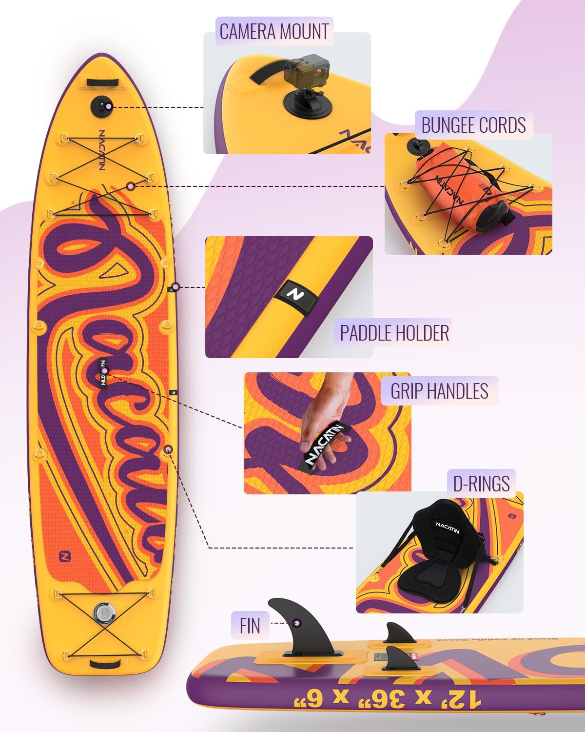 NACATIN 12'/366cm Extra Large Inflatable Stand Up Paddle Board with Seat, Wide 36'/91cm SUP Board for Adults & Family, with Single/Double Paddle, Kayak Seat, Pump, Stable Wide Deck for Beginners