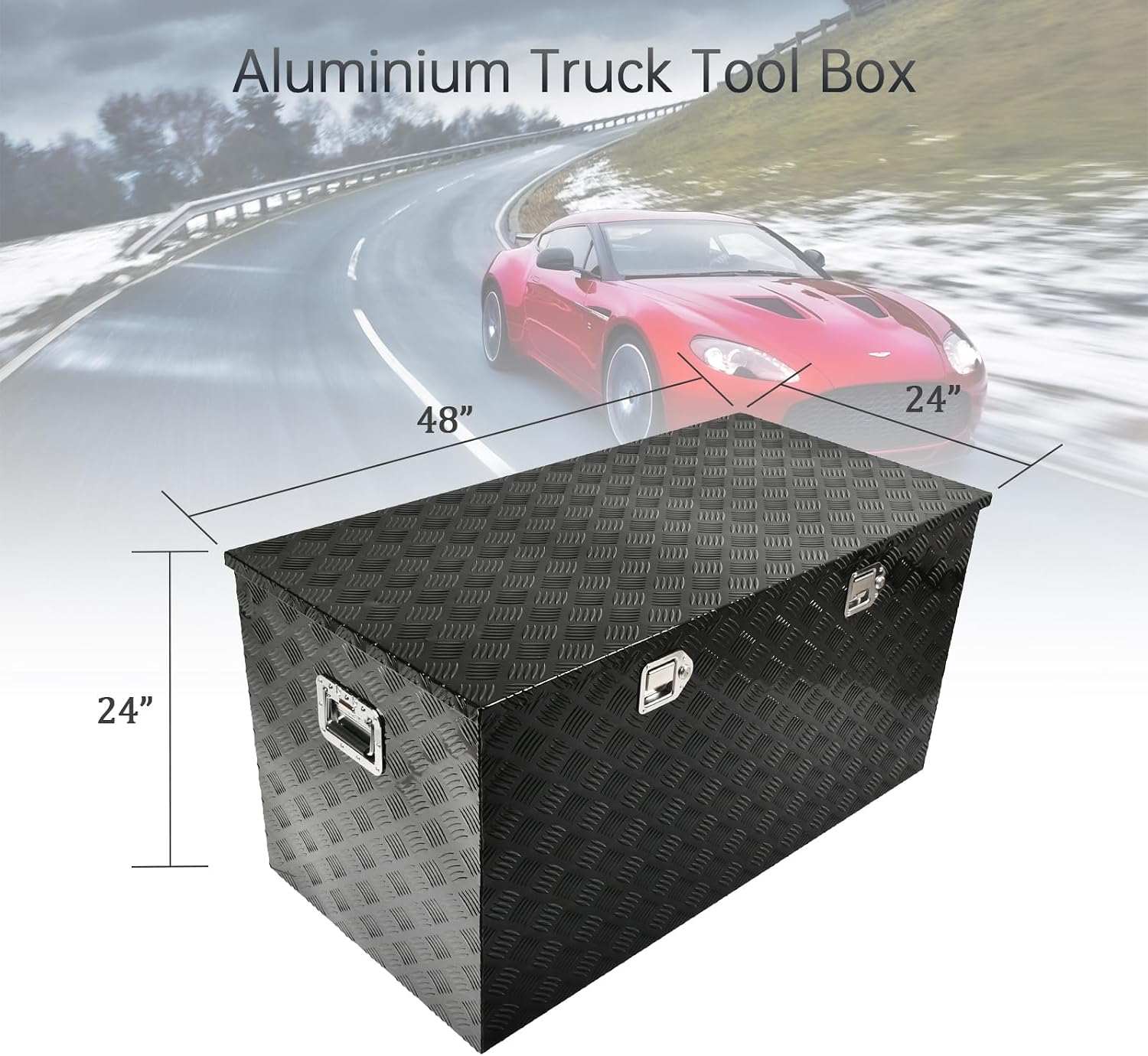 48''Inch Aluminum Truck Tool Box Truck Bed Toolbox Truck Trailer Chest Box Trailer Underbody Storage Organizer Waterproof Square Storage Organizer w/Lock & Keys Black(‎48' Lx24''x24'')
