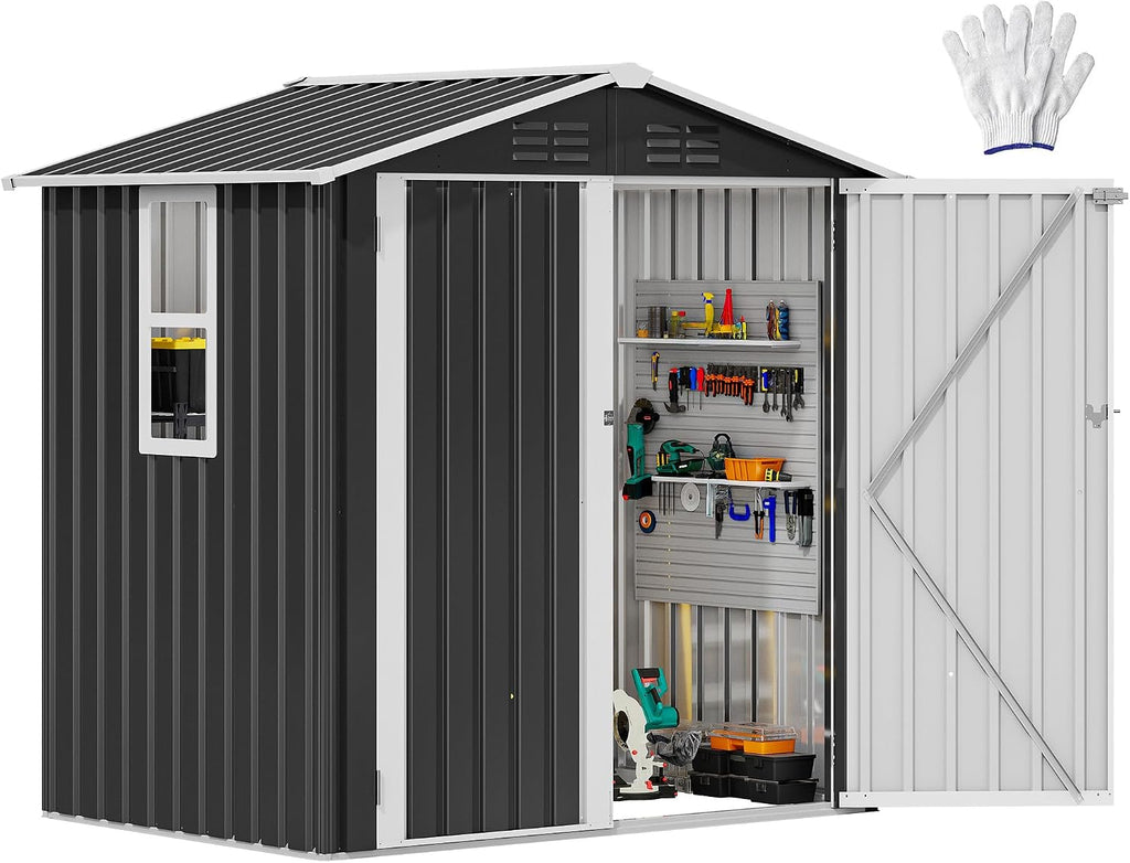 DWVO 6x4ft Metal Tool Shed with Window, Outdoor Storage Shed for Backyard, Lawn, and Patio, Heavy-Duty Storage Unit with Four Vents & Lockable Door for Storing Tools, Equipment & Trash Bins, Dark Gray