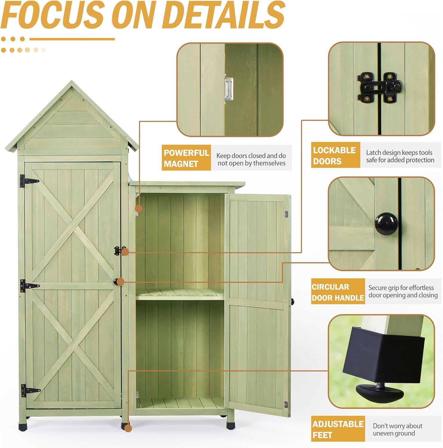 Outdoor Storage Cabinet - Waterproof Metal Roof & Wooden Vertical Design, Tall Garden Tool Shed with Multiple Shelves for Patio, Backyard, Lawn, Yard (Green, 22' x 46' x 67')