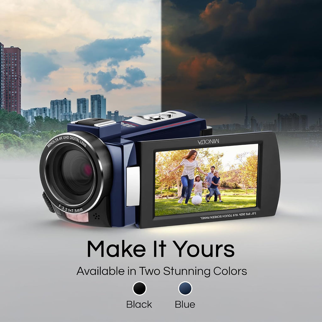 Minolta Camcorder - 4K Ultra HD, 30MP Photos, Night Vision with IR LEDs, 16X Zoom, Time-Lapse, Anti-Shake, 3' Touchscreen, HDMI USB Output, SD Slot, CMOS Sensor (Black)