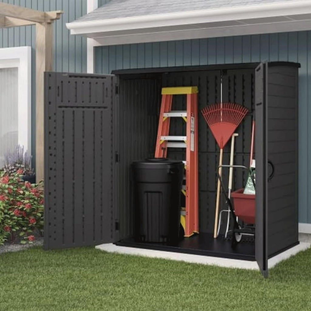 Suncast 106 Cubic Foot Extra Large Vertical Shed Outdoor Waterproof Resin Storage Cabinet with Doors for Patio, Garage, Garden, and Tools, Peppercorn
