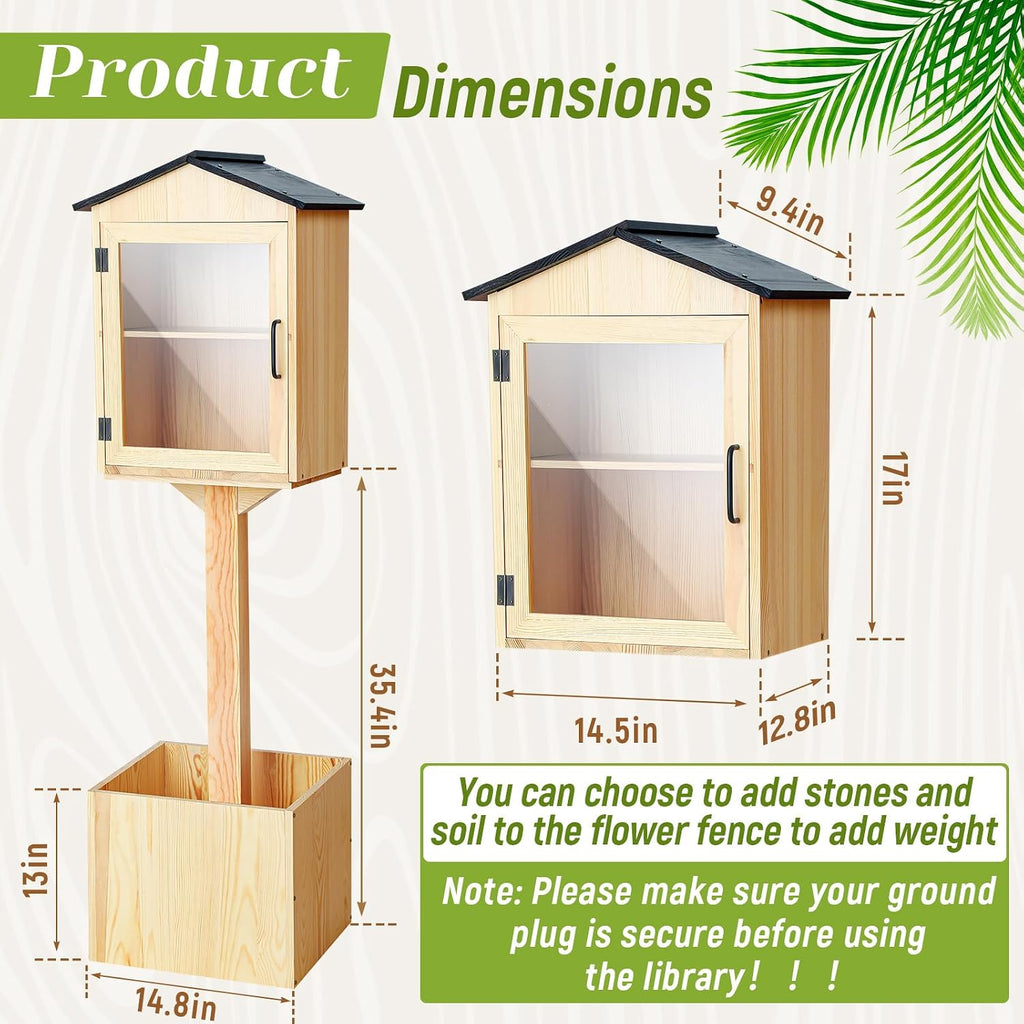 Wonderjune Little Library Box Outdoor, Durable Weatherproof Solid Wood Book Exchange Box with Floor Plugs and Small Flower Fence for Community, Literature, School Sharing Book(Natural Wood,Steepletop)