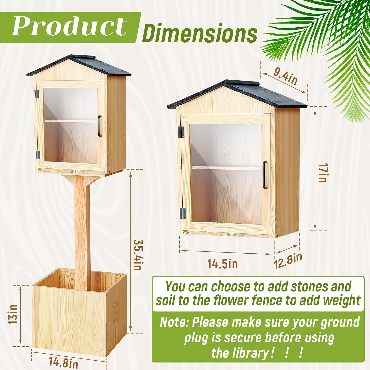 Wonderjune Little Library Box Outdoor, Durable Weatherproof Solid Wood Book Exchange Box with Floor Plugs and Small Flower Fence for Community, Literature, School Sharing Book(Natural Wood,Steepletop)
