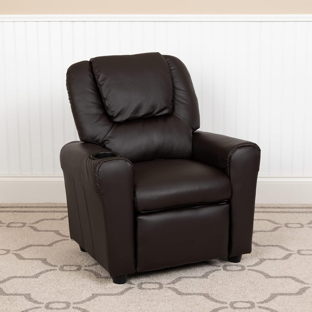 Flash Furniture Vana LeatherSoft Kids Recliner with Cup Holder, Headrest, and Safety Recline, Contemporary Reclining Chair for Kids, Supports up to 90 lbs., Brown