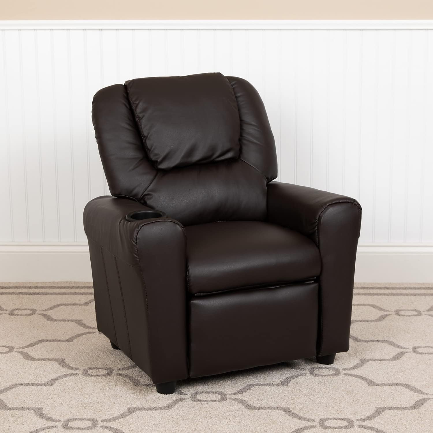 Flash Furniture Vana LeatherSoft Kids Recliner with Cup Holder, Headrest, and Safety Recline, Contemporary Reclining Chair for Kids, Supports up to 90 lbs., Brown