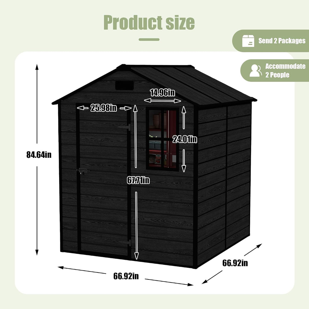 Plastic Storage Shed 6x6 Ft, Resin Outdoor Storage Shed, Garden Tool Sheds Weatherproof for Store Patio Furniture, Garden Tools Bike Accessories, Beach Chairs and Lawn Mower, Black Wood Grain