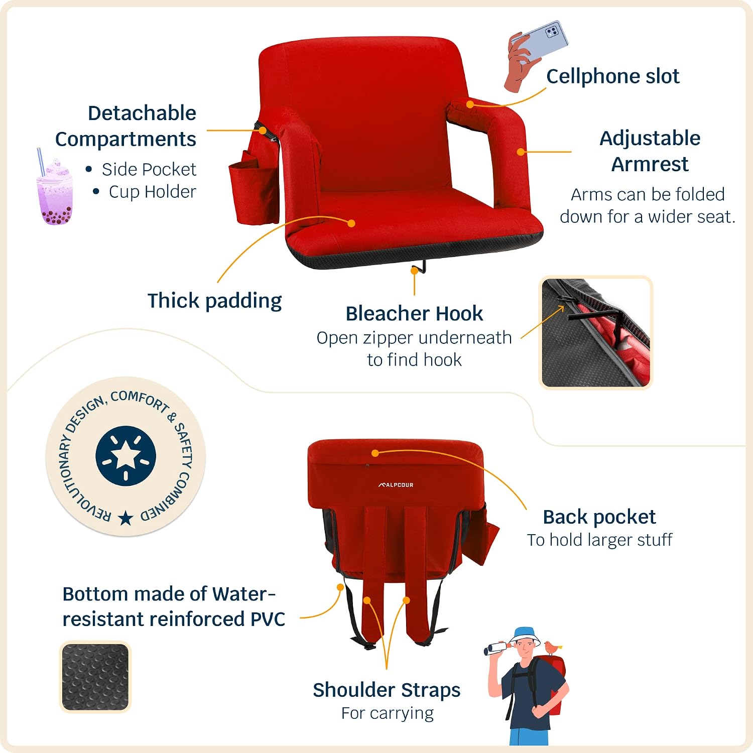 Alpcour Reclining Stadium Seat – Wide Bleacher Chair with Back Support and Cushion, Armrests, Side Pockets, and Bleachers Hook – Best Stadium Seats Chairs for Camping, Kayak, & Paddle Board Backs