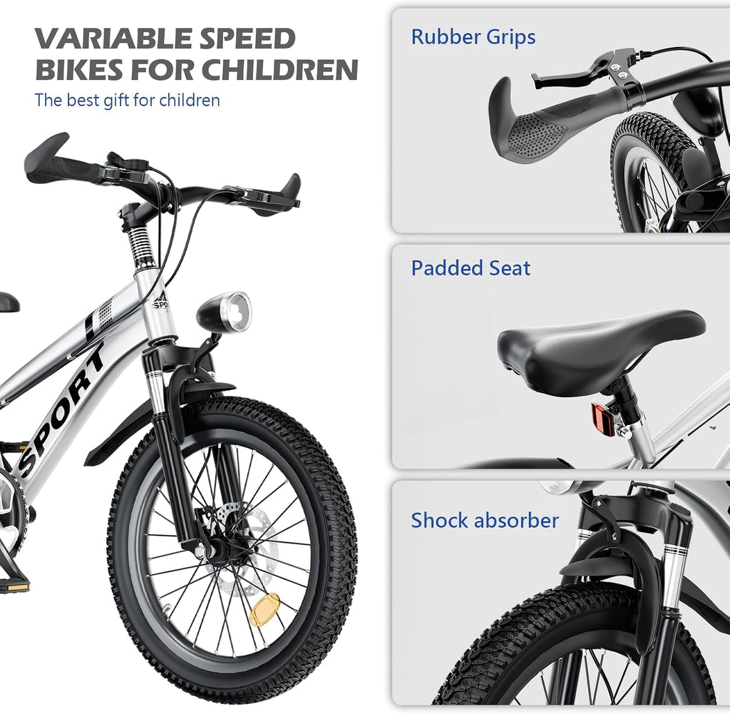 20/24 Inch Kids Mountain Bike for Boys & Girls 7-12, 7-Speed, Dual Disc Brakes, Shock Absorber, LED Light Road Bicycle