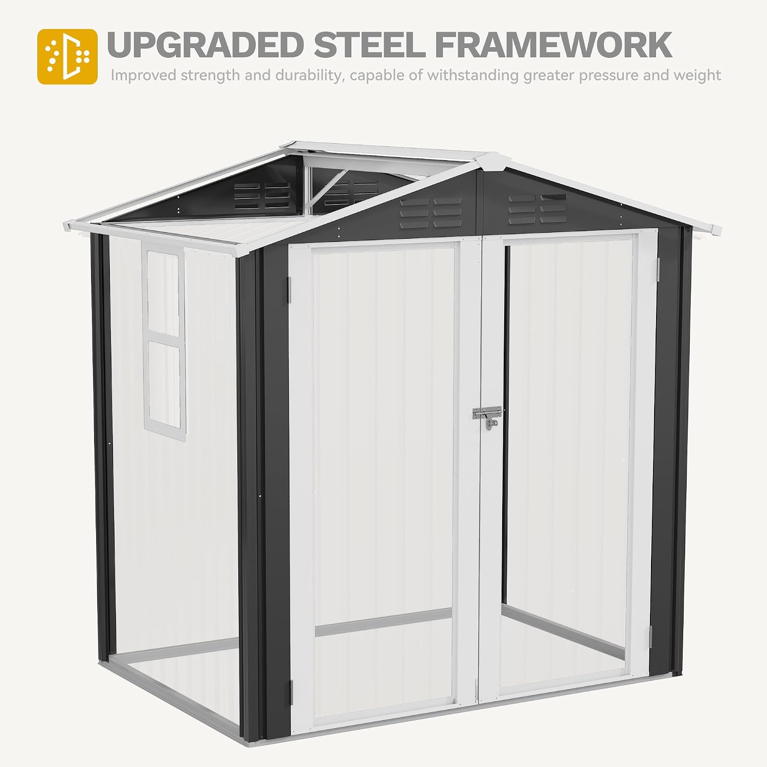 DWVO 6x4ft Metal Tool Shed with Window, Outdoor Storage Shed for Backyard, Lawn, and Patio, Heavy-Duty Storage Unit with Four Vents & Lockable Door for Storing Tools, Equipment & Trash Bins, Dark Gray