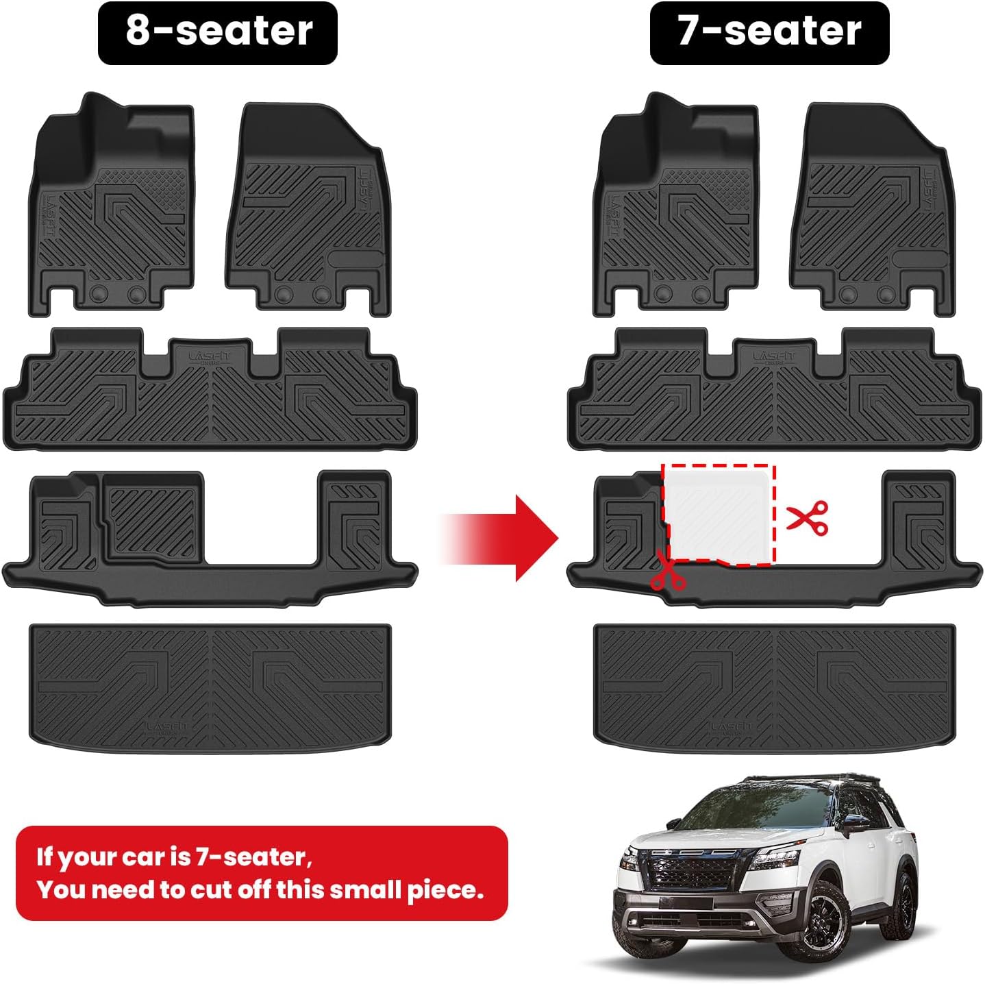 LASFIT Floor Mats & Cargo Mat for Nissan Pathfinder 7/8 Seats 2026 2025 2024 2023 2022, All Weather TPE Custom Fit Floor Liners for Pathfinder SV/SL/Platinum Car Mats & Trunk Mats Accessories, Black