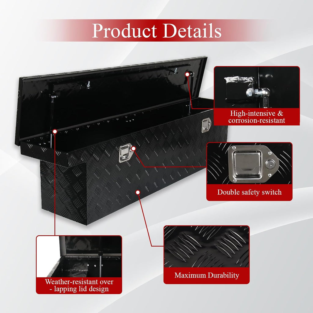 60''Inch Aluminum Truck Tool Box Trailer Chest Box Underbody Storage Organizer Waterproof Square Storage Organizer w/Lock & Keys Black(‎60' Lx12 Wx14 H) Only For Standard cab Or Regular CAB