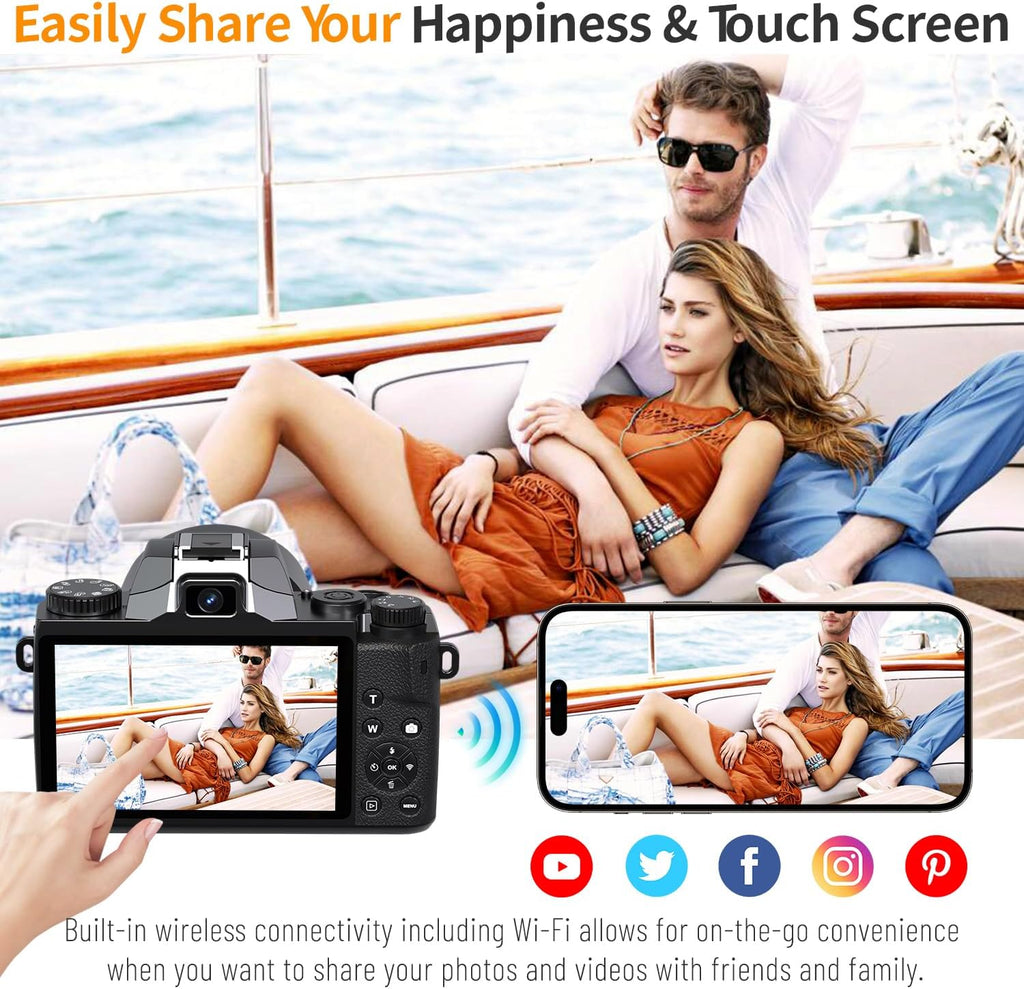Saneen Digital Camera, 4k Cameras for Photography, 64MP WiFi Touch Screen Vlogging Camera with Flash, 32GB Card, Lens Hood,3000mAH Battery, Front and Rear Cameras,Hot Shoe Interface Beginner