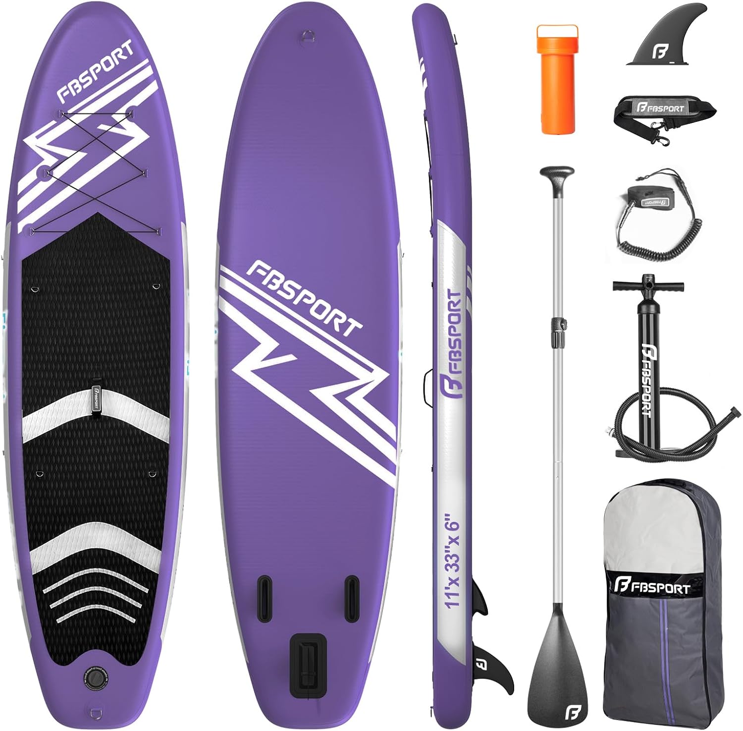 FBSPORT 11' Premium Stand Up Paddle Board, Yoga Board with SUP Accessories & Carry Bag | Wide Stance, Surf Control, Non-Slip Deck, Leash, Paddle and Pump for Youth & Adult