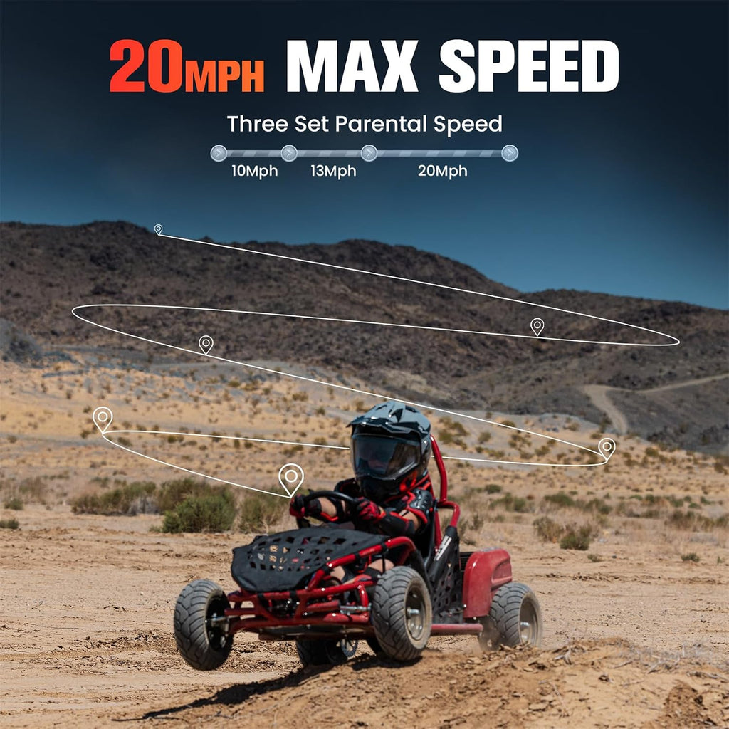 Electric Go Kart, 48V Powered Ride On Car, Steel Tubular Frame, Seat Belt, 13 inch All-Terrain Tires, Parental Speed Control, Max 20 Mph (RED)