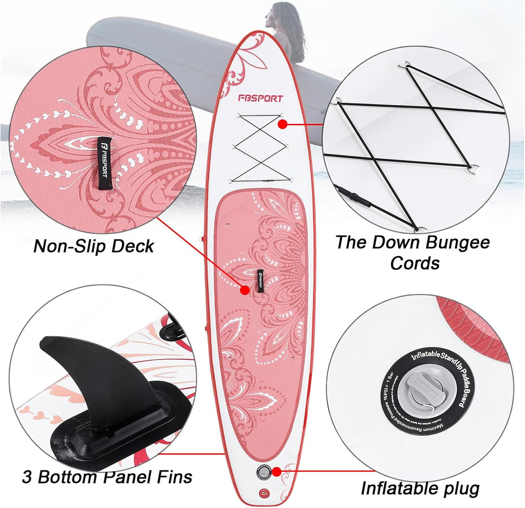 FBSPORT 11' Premium Stand Up Paddle Board, Yoga Board with SUP Accessories & Carry Bag | Wide Stance, Surf Control, Non-Slip Deck, Leash, Paddle and Pump for Youth & Adult