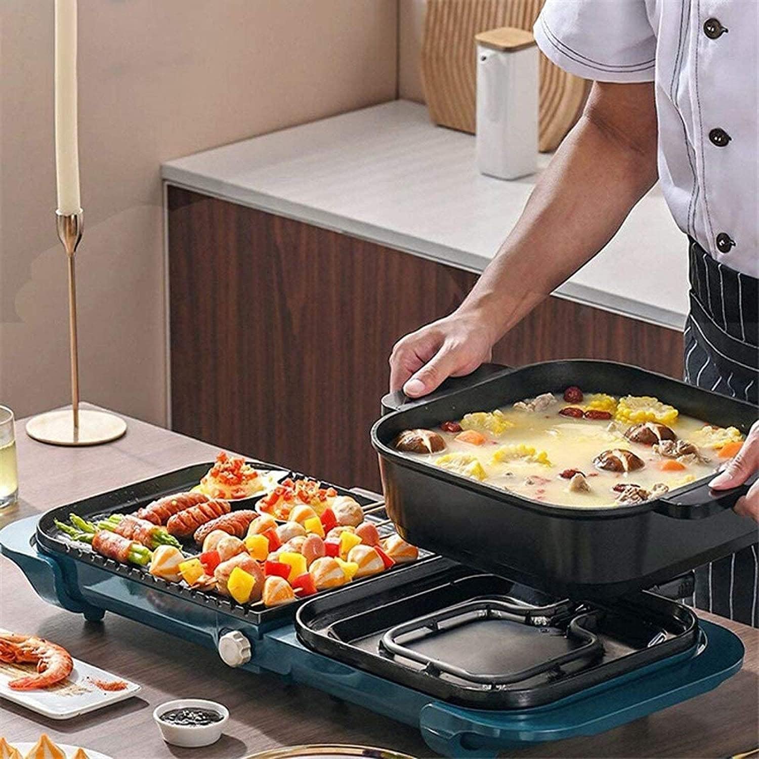 Electric BBQ Grill Indoor Hot Pot Grilling One Pot Alloy Household Electric Hot Pot Detachable Hot Pot Roasting Pan Indoor Smokeless Healthy Non-stick Coating