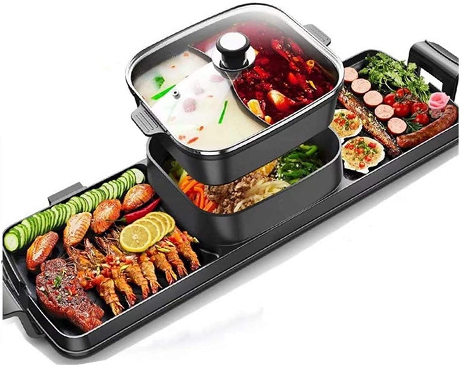 Electric BBQ Grill Indoor Hot Pot 2 in 1 2700W Non-Stick Baking Pan Separate Dual Temperature Control Smokeless Barbecue Machine Suitable for Gatherings