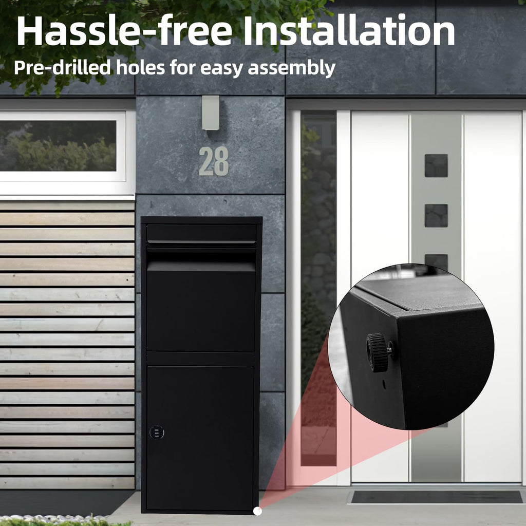 Black Mailboxes for Outside, Anti-Theft Galvanized Steel Large Package Delivery Boxes with Safety Lock, Adjustable Baffle Parcel Drop Box,Windproof and Rainproof Packages Box for front Porch