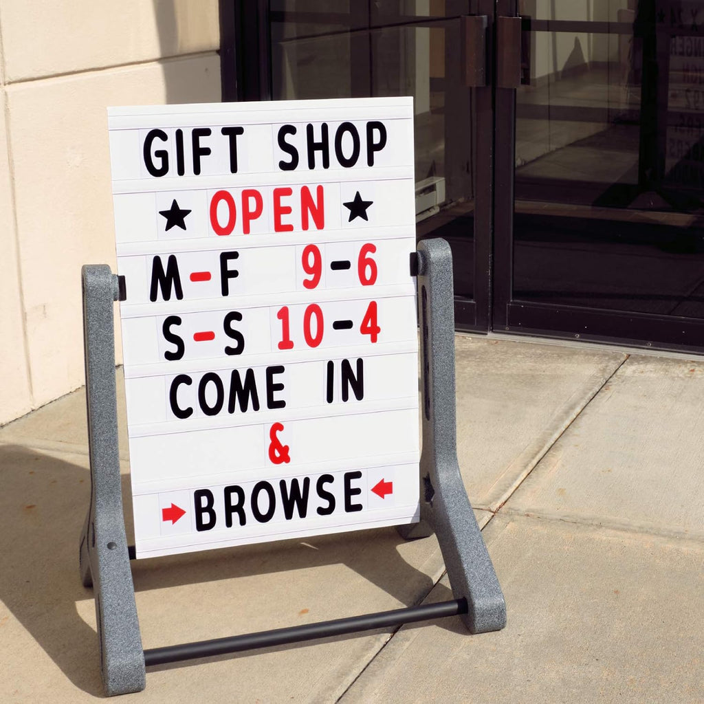 Swinging Changeable Message Sidewalk Sign: 24' x 36' Sign with 792 Pre-Cut Double Sided Letters and Storage Box. Includes Black Board & Letter Board (Granite Color Legs)
