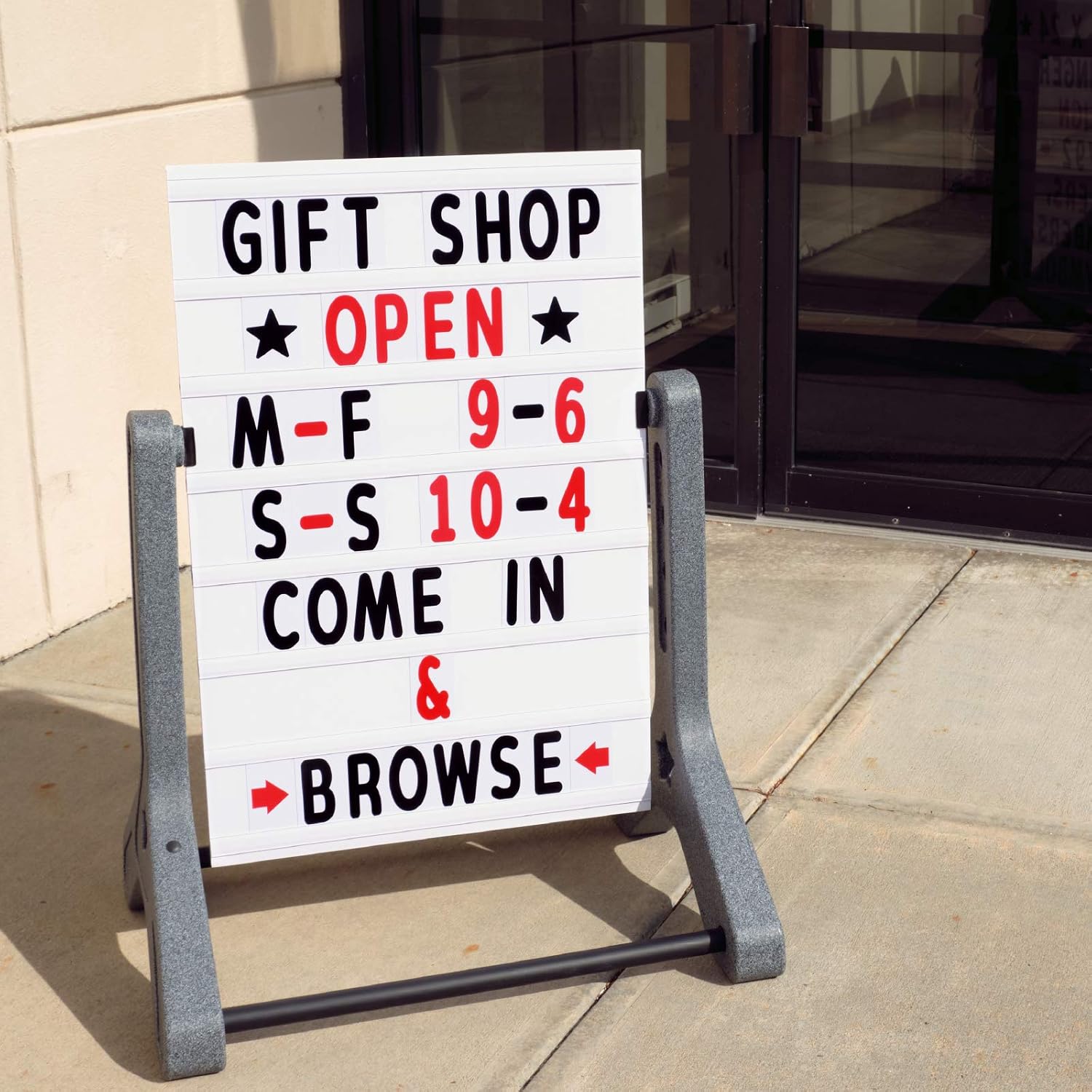 Swinging Changeable Message Sidewalk Sign: 24' x 36' Sign with 792 Pre-Cut Double Sided Letters and Storage Box. Includes Black Board & Letter Board (Granite Color Legs)