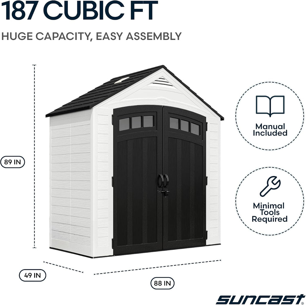 Suncast 7x4 Ft. Vista Vertical Resin Shed - Outdoor Storage Shed with Floor, Double Doors, IllumiVent™ Ventilation, Reinforced Resin Panels - Ideal for Ladders, Long-Handled Tools, & Garden Equipment