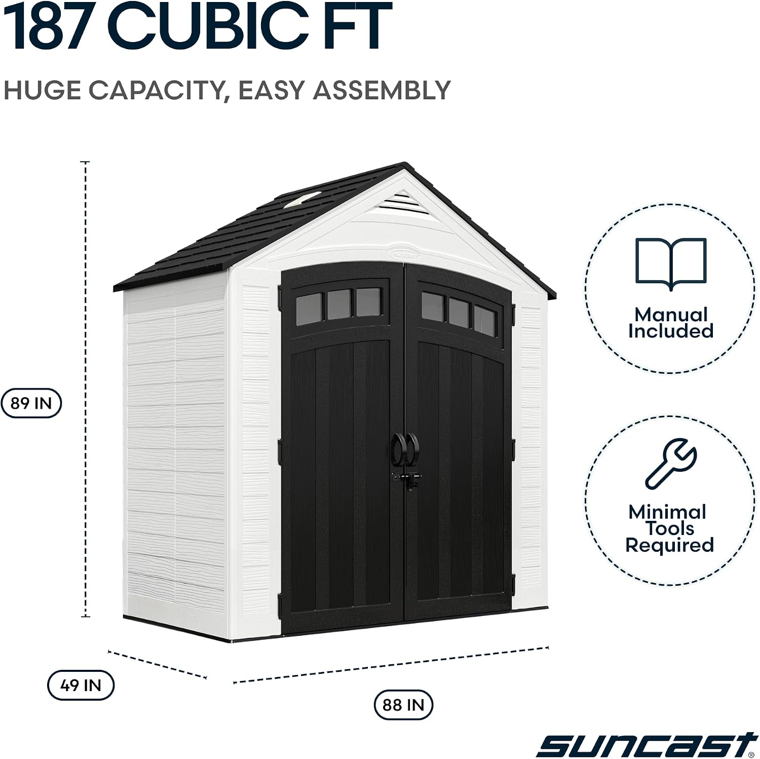 Suncast 7x4 Ft. Vista Vertical Resin Shed - Outdoor Storage Shed with Floor, Double Doors, IllumiVent™ Ventilation, Reinforced Resin Panels - Ideal for Ladders, Long-Handled Tools, & Garden Equipment