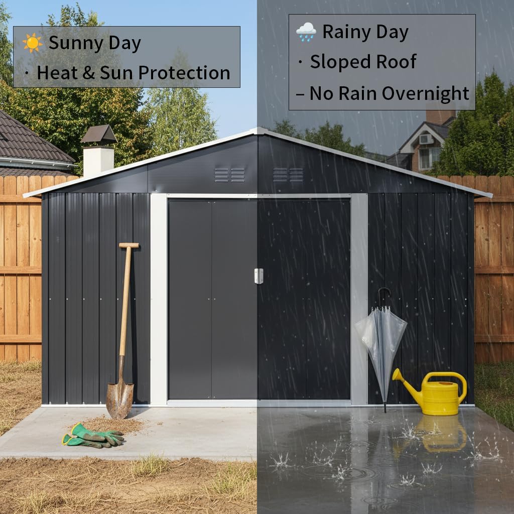 YOPTO 11.2x10.6 FT Outdoor Storage Shed Galvanized Metal Tool Shed with Window and Sliding Door,Waterproof Garden House w/Punched Vents & Locks,for Patio,Lawn,Backyard,Grey
