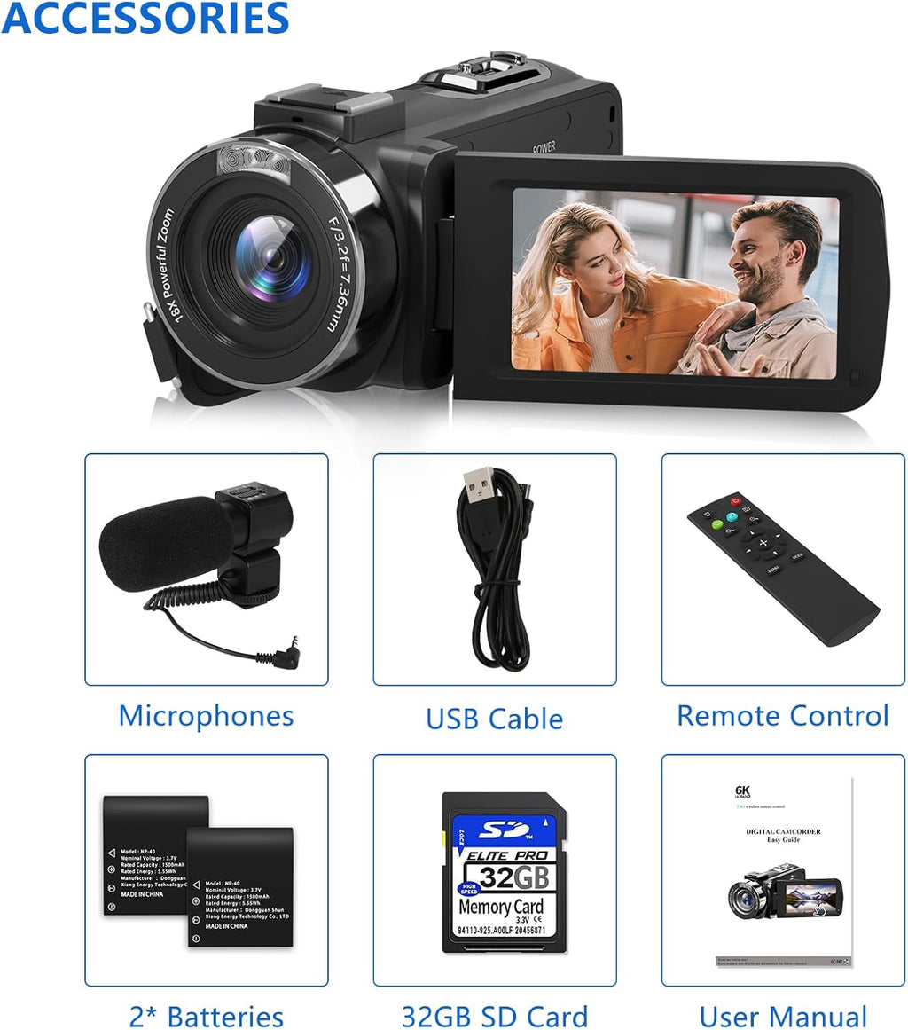 VETEK Video Camera Camcorder, 6K 64MP IR Night Vision Vlogging Camera 18X Zoom WiFi Digital Camera for YouTube 3.0'' Touch Screen Recorder with 32GB SD Card, Microphone & 2.4G Remote Control