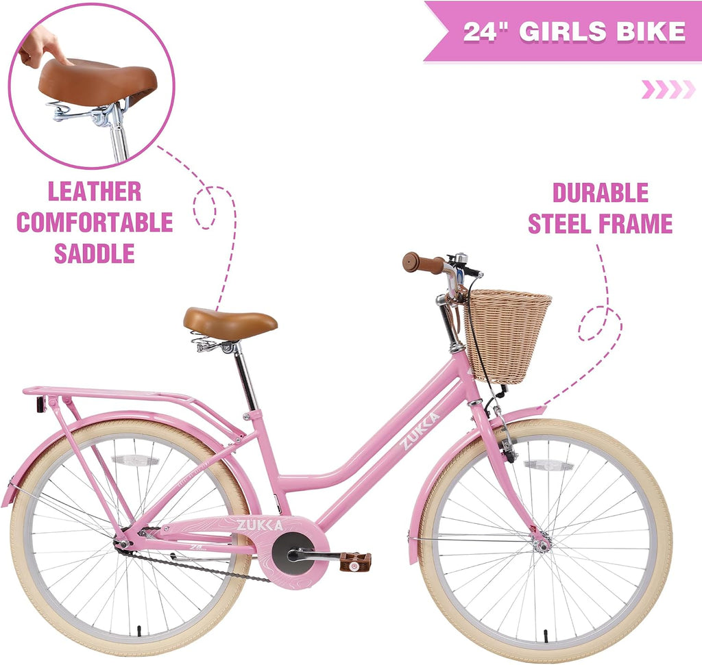 WEEROCK Girls Bike 20/24 Inch Kid Bicycle for 7 + Years Old, 20' 24' Bikes with Front Basket and Rear Rack, V and Coaster Brake for Children, Student Multiple Colors