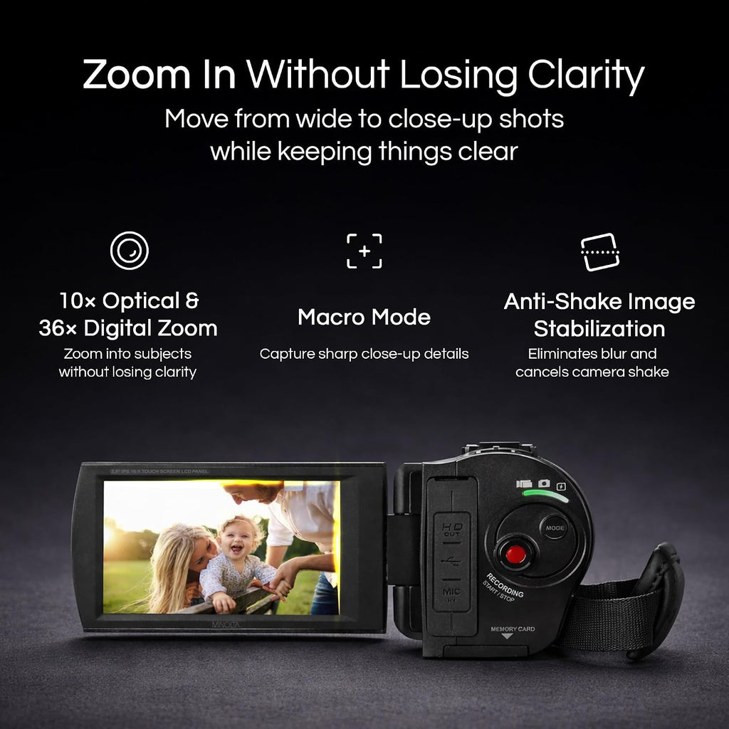 Minolta 4K Ultra HD Camcorder with 3.5-inch Touchscreen – 10x Optical Zoom, 28MP Photos, Digital Stabilizer, Accessory Shoe Mount, Time Lapse, Face Detection, 32GB Card, Remote Control (Gunmetal)