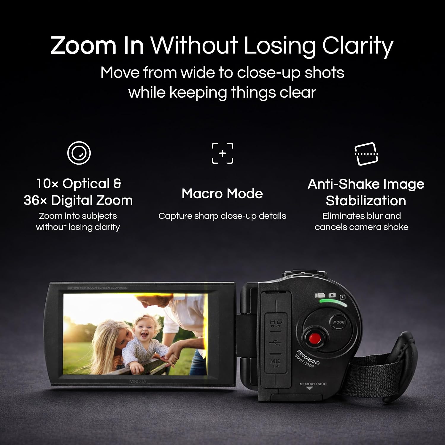 Minolta 4K Ultra HD Camcorder with 3.5-inch Touchscreen – 10x Optical Zoom, 28MP Photos, Digital Stabilizer, Accessory Shoe Mount, Time Lapse, Face Detection, 32GB Card, Remote Control (Gunmetal)