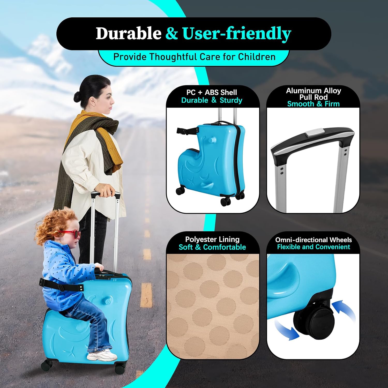 20Inch Kid Ride Suitcase, Kids Travel Suitcase with Lock & Safety Belt, Portable Children's Travel Trolley Case, Ride On Suitcase for Kids Aged 3-6 Years Old
