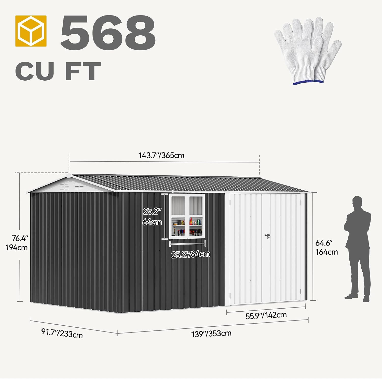 DWVO 12' x 8' Outdoor Storage Shed, Waterproof Metal Garden Shed with Windows, Lockable Doors, and Sloped Roof for Patio, Backyard, Lawn, Tool Storage, Bike Shed, Pet Shelter (Gray + White)