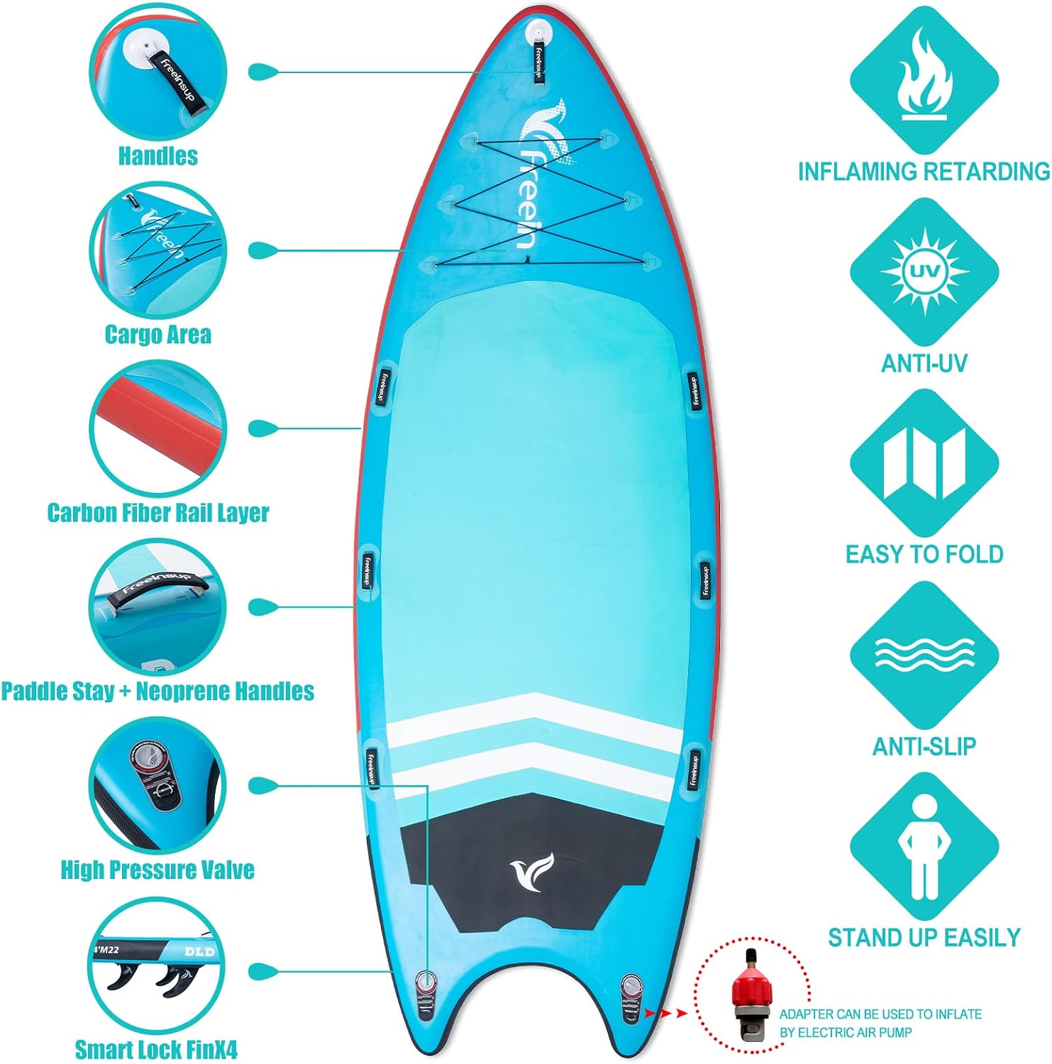 Freein 14'/15'/16' Inflatable Team SUP, Extra Large Stand Up Paddle Board for Multi Person, Dual-action Hand Pump, Adjustable Paddle, Complete Kit