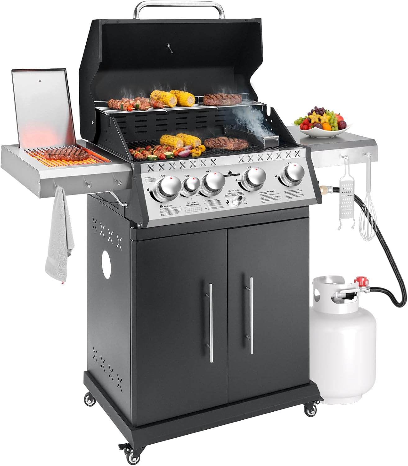 Propane Gas Grill, 4+1 Stainless Steel Barbecue Grill with Infrared Side Burner for Outdoor Cooking, Black