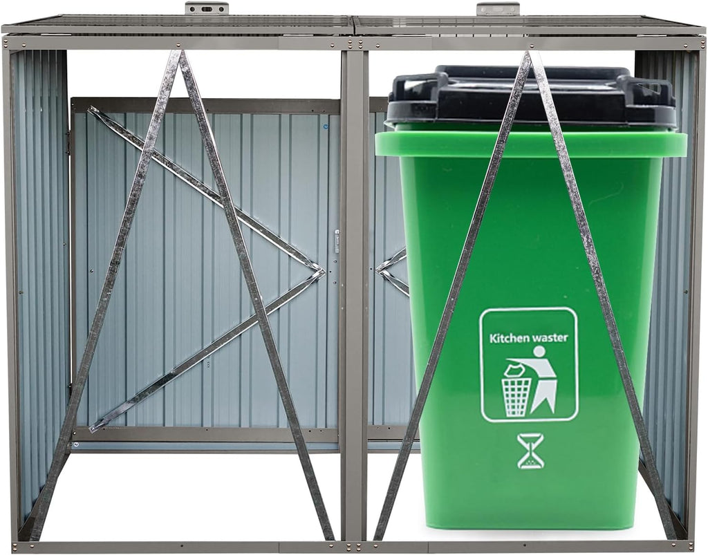 KEIKI 63' Garbage Bin Shed Stores 2 Metal Trash Cans,Outdoor Storage Lockable for Garden Yard Lawn Patio