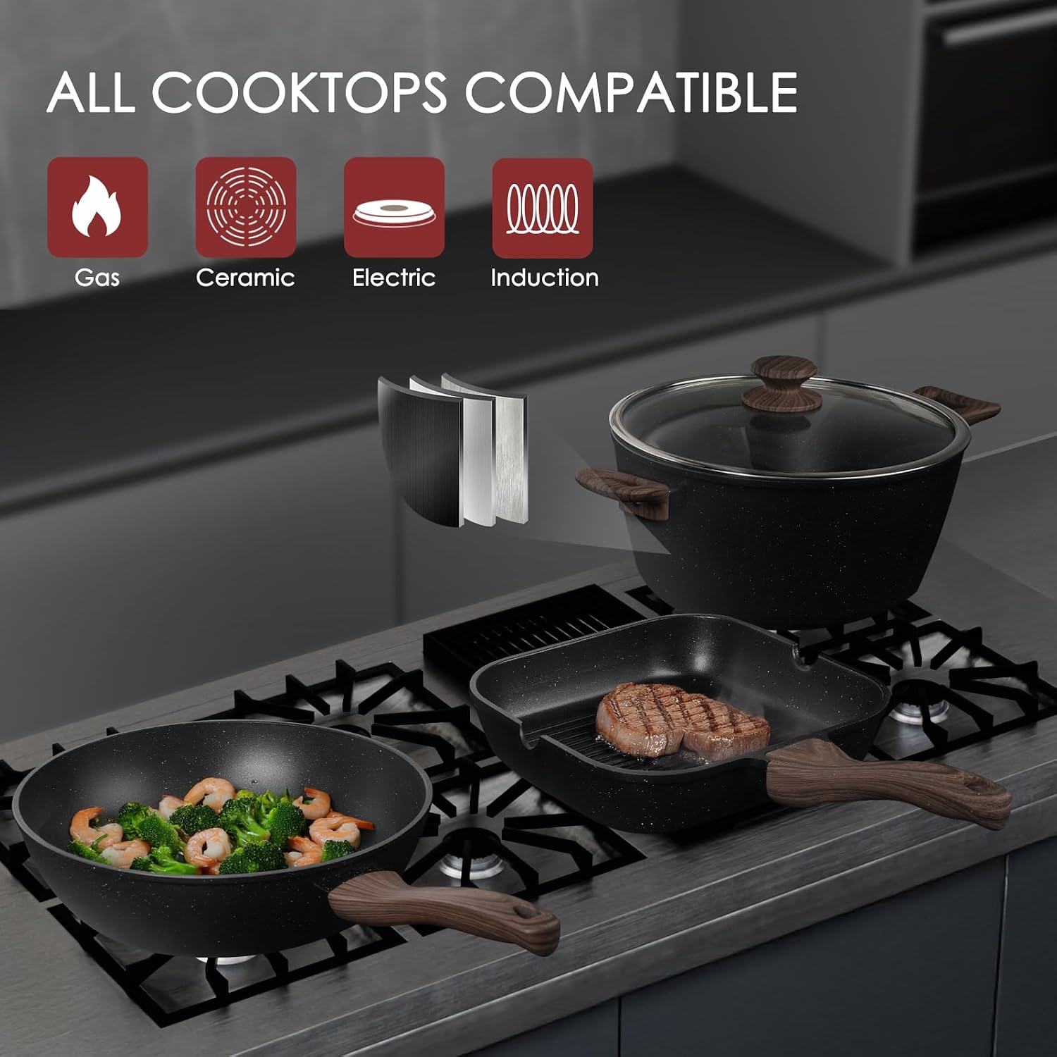 Kikcoin Pots and Pans Set Non Stick 31 Piece Kitchen Nonstick Cooking Cookware Sets with Grill Pan Saucepan Baking Sheet Utensil, Black