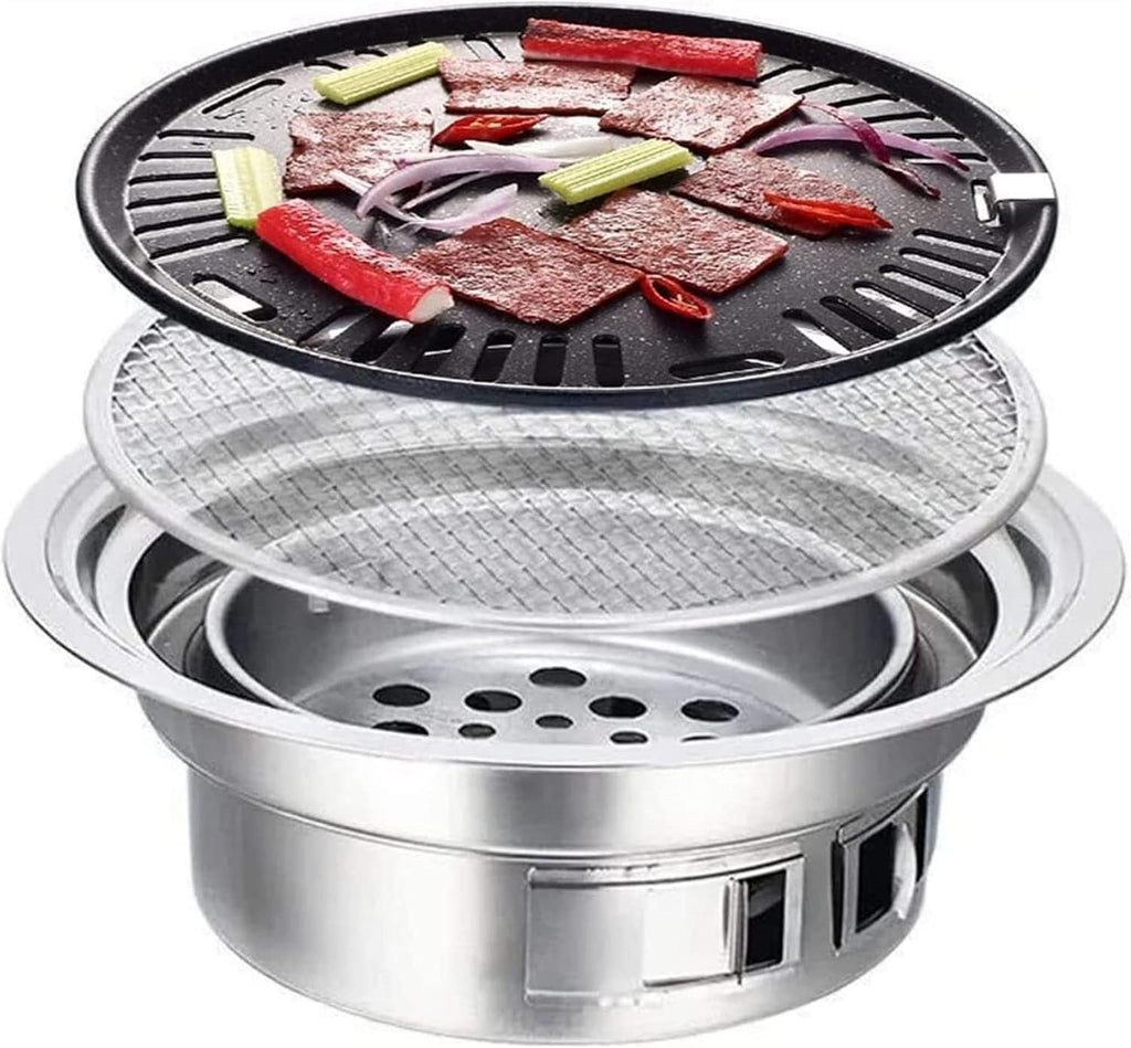Portable Table Grill, Korean Style BBQ Grill, Stainless Steel BBQ Grill Stove Outdoor Camping Cooker, Charcoal Grill BBQ, Round Barbecue Grill, Indoor&Outdoor Grill BBQ,15.75inch