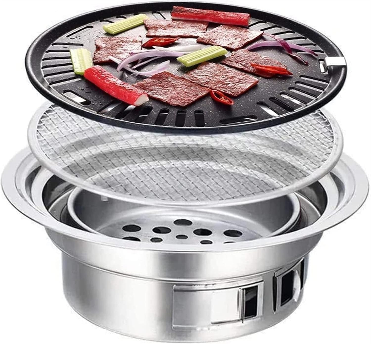 Portable Table Grill, Korean Style BBQ Grill, Stainless Steel BBQ Grill Stove Outdoor Camping Cooker, Charcoal Grill BBQ, Round Barbecue Grill, Indoor&Outdoor Grill BBQ,15.75inch