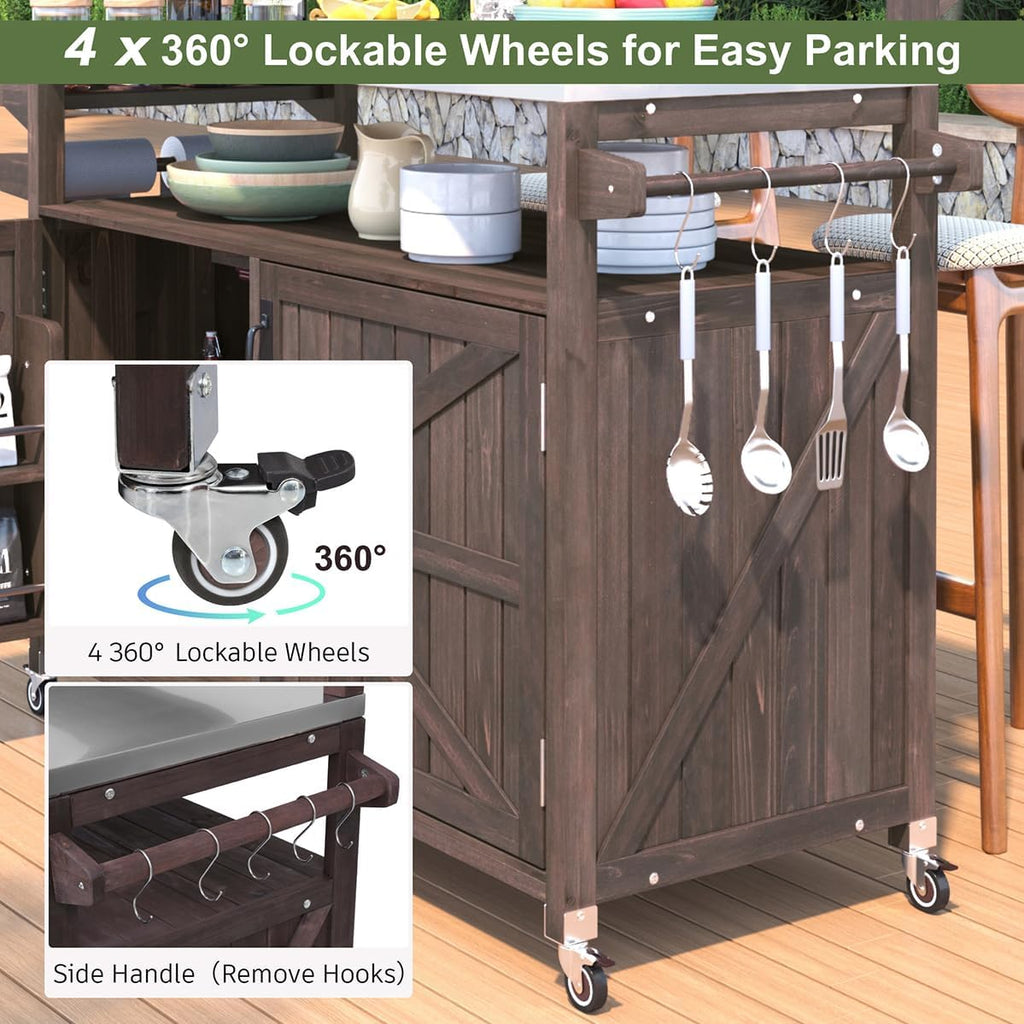 Outdoor Kitchen Island with Stainless Steel Top & Raised Shelf, Rolling Grill Cart with Spice & Towel Rack, Outdoor Island Table with Storage Cabinet & Hooks (Brown)