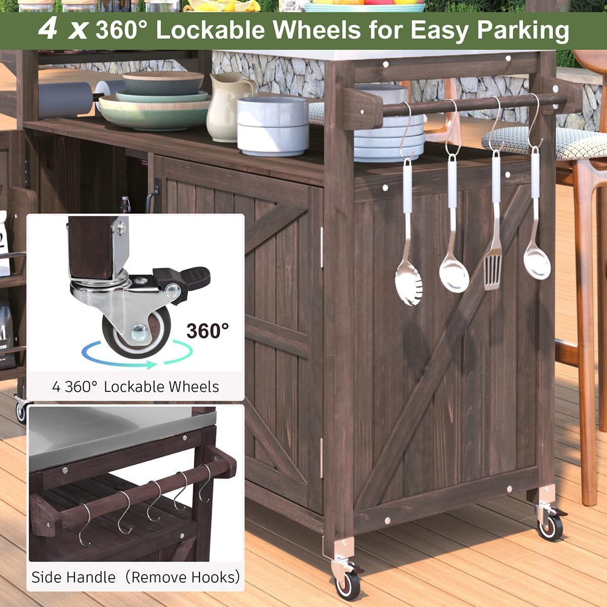 Outdoor Kitchen Island with Stainless Steel Top & Raised Shelf, Rolling Grill Cart with Spice & Towel Rack, Outdoor Island Table with Storage Cabinet & Hooks (Brown)