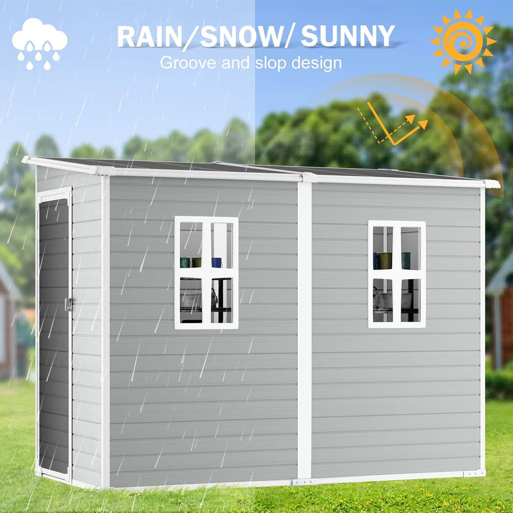 CDCASA 4x8 FT Resin Lean to Shed, Waterproof Outdoor Storage Sheds with Floor & Lockable Door & 2 Windows, Vent, Outside Plastic Tool Shed for Backyard Patio Poolside Lawn, Gray