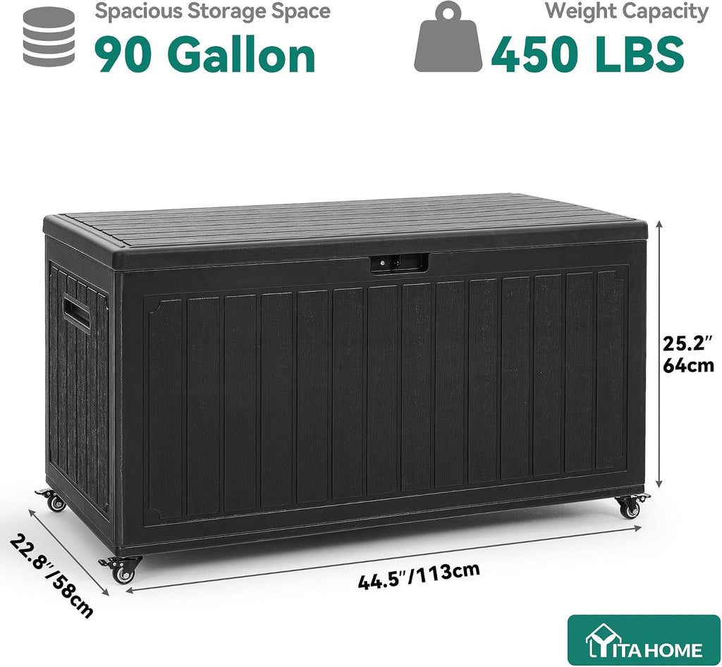 YITAHOME 90 Gallon Outdoor Storage Box with 6 Wheels, Large Double-Wall Resin Deck Box, Lockable Waterproof Outside Storage for Patio Furniture, Cushion, Pool Float, Garden Tool, Black
